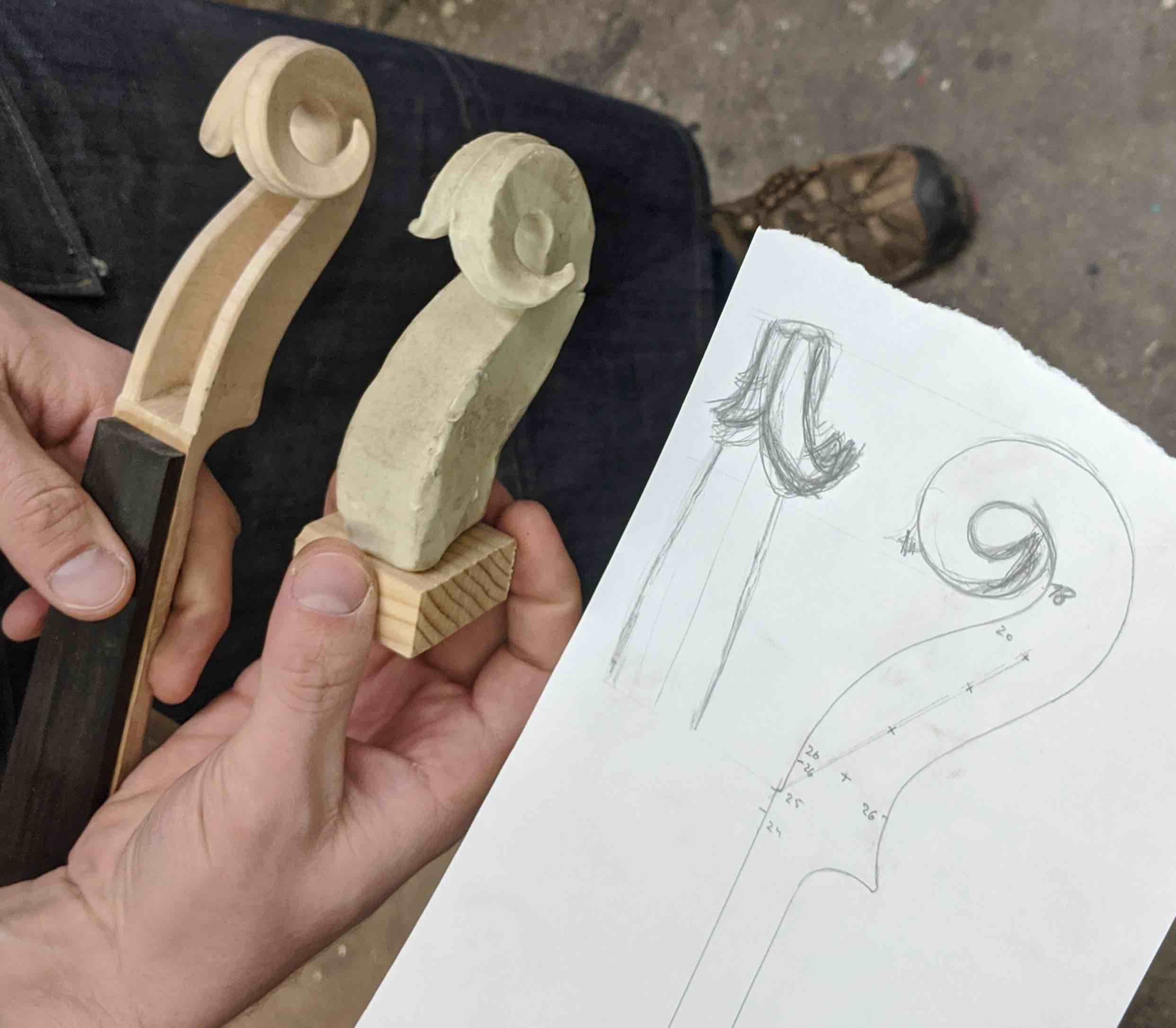 three stages of designing a violin scroll